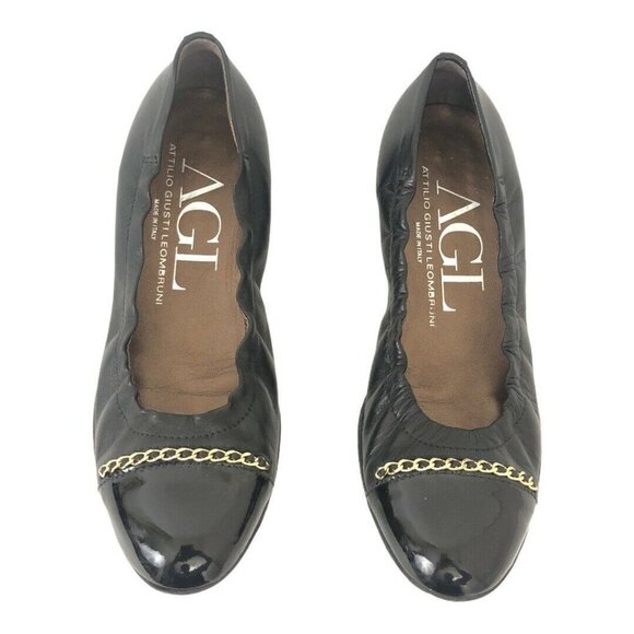 Attilio Giusti Leombruni AGL Sz 36 US 6 Black Patent Leather Chain Cap Toe Flats - Picture 3 of 8